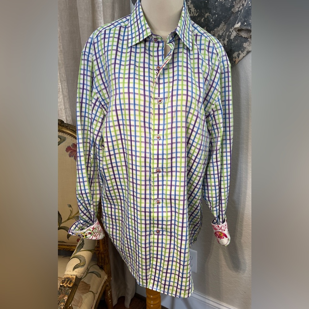 Robert Graham Purple/Green/Blue Plaid Long Sleeve Cotton Dress Shirt Men's M